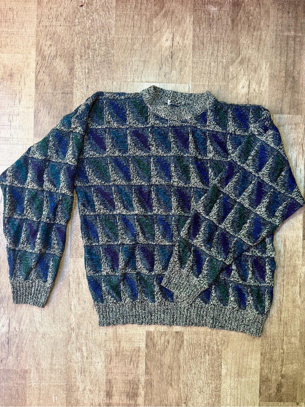 Vintage 90s Textured 3D Knit Sweater Coogi Style Geometric Blue Green